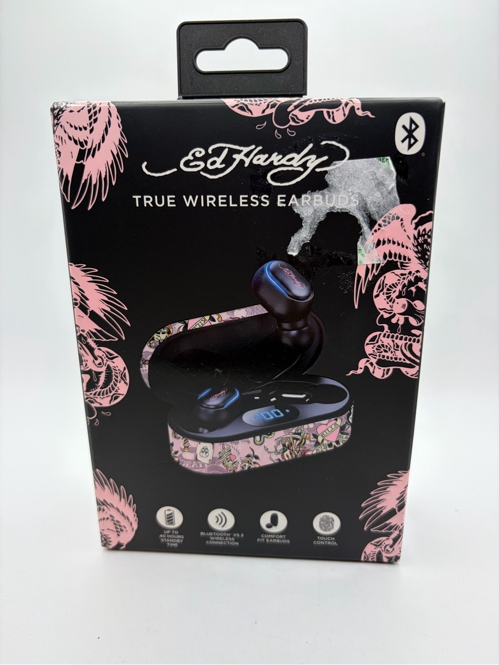Ed Hardy True Wireless Earbuds with Pink Floral Pattern Charging Case